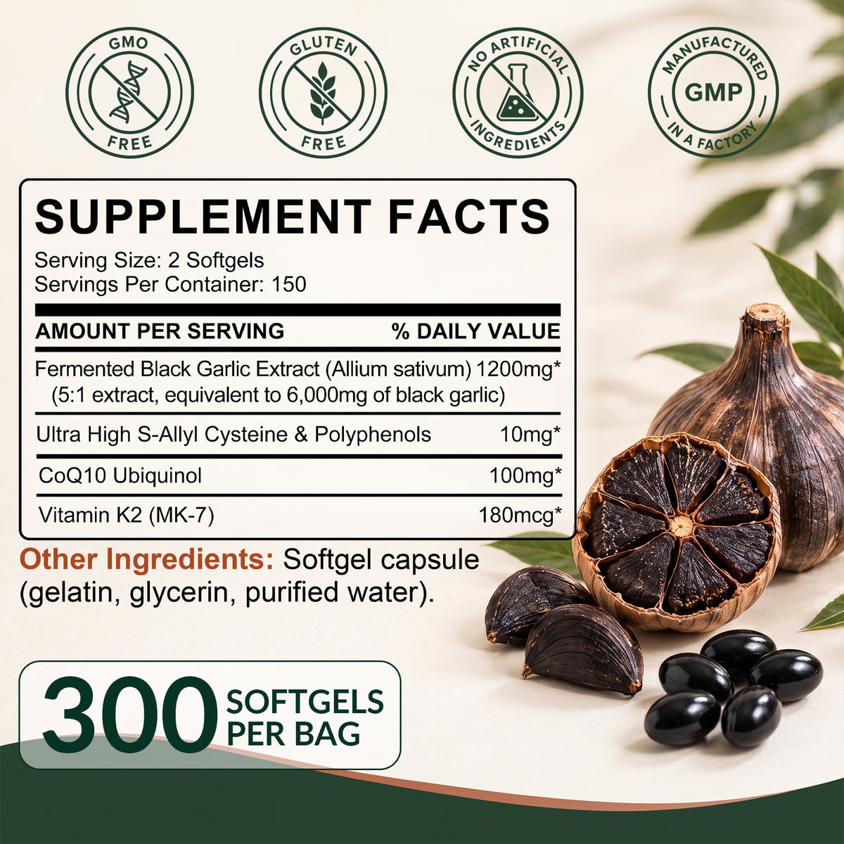 Fermented Black Garlic Extract Softgels – CoQ10 & K2 | Fearathe